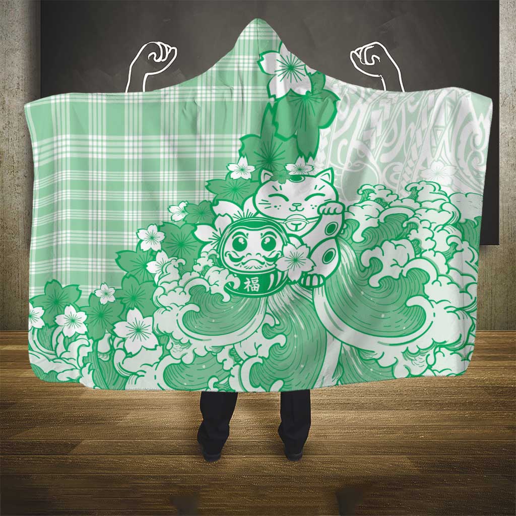 Green Palaka Hawaiian And Japanese Hooded Blanket Maneki Neko And Sakura Bloom DT05 - Polynesian Pride