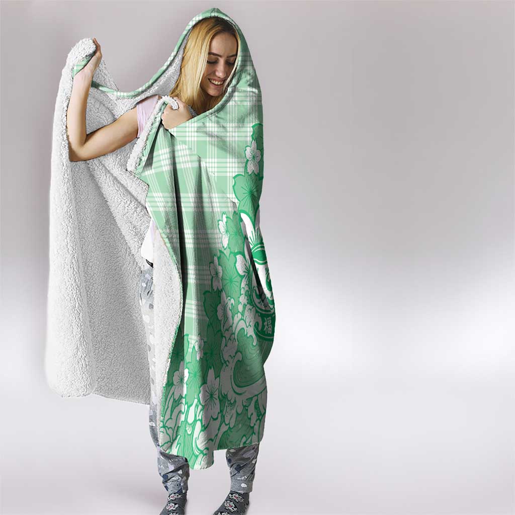 Green Palaka Hawaiian And Japanese Hooded Blanket Maneki Neko And Sakura Bloom DT05 - Polynesian Pride