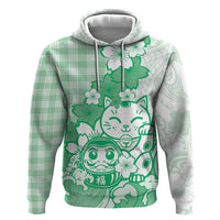 Green Palaka Hawaiian And Japanese Hoodie Maneki Neko And Sakura Bloom DT05 Pullover Hoodie Green - Polynesian Pride