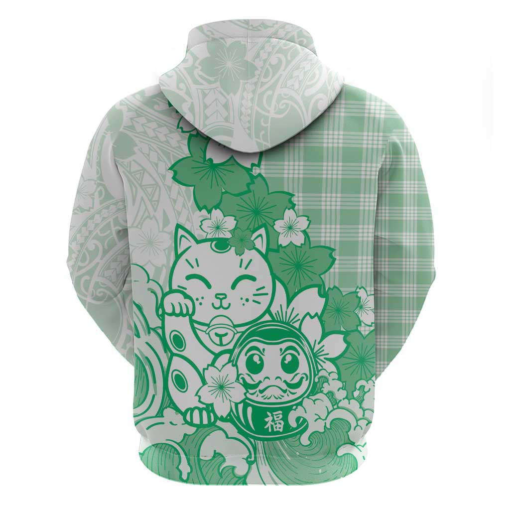Green Palaka Hawaiian And Japanese Hoodie Maneki Neko And Sakura Bloom DT05 - Polynesian Pride