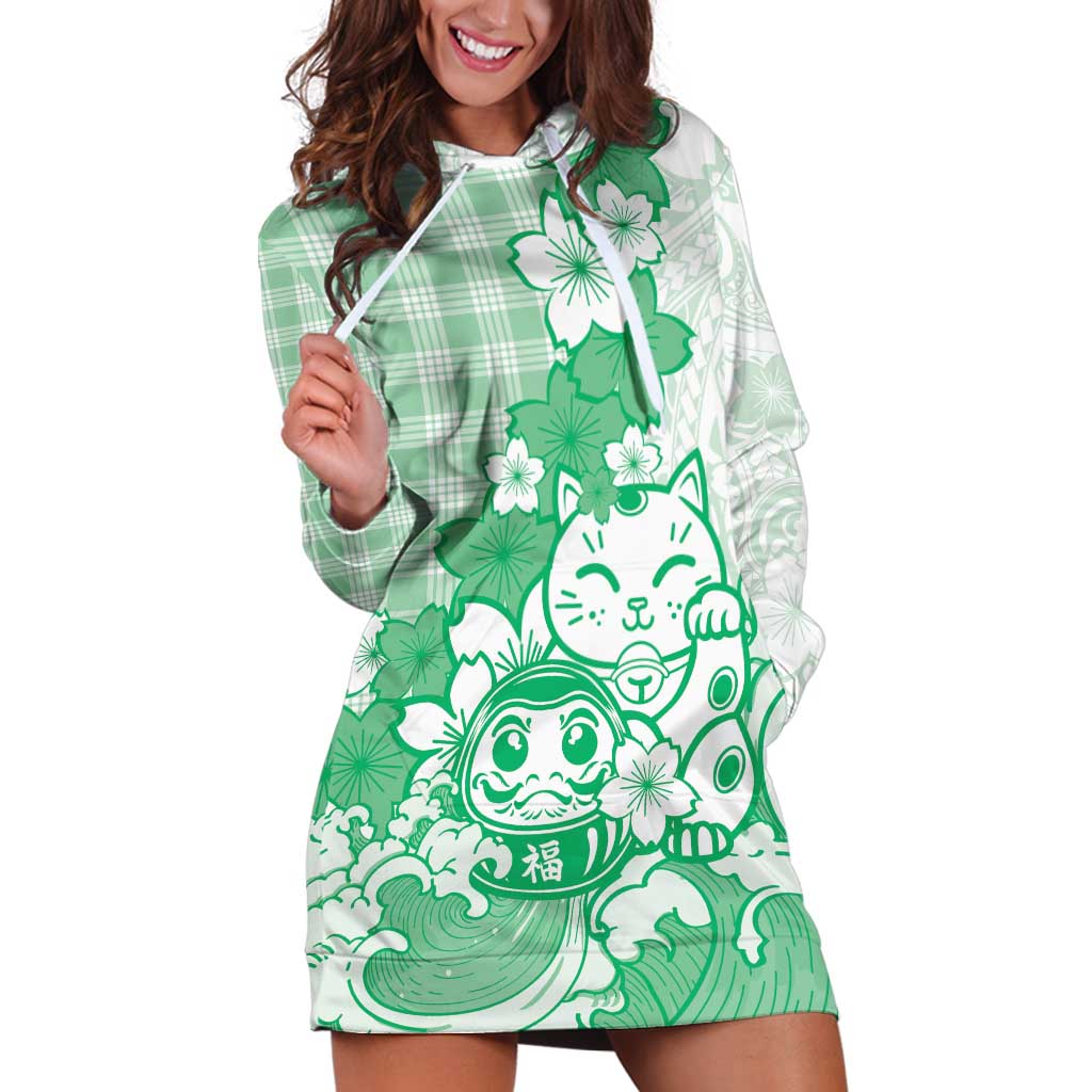 Green Palaka Hawaiian And Japanese Hoodie Dress Maneki Neko And Sakura Bloom DT05 Green - Polynesian Pride