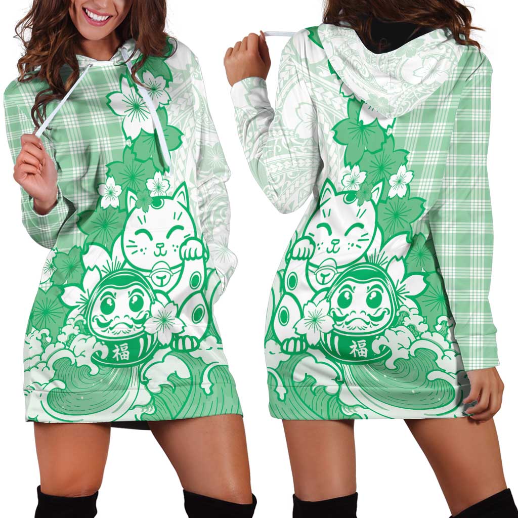 Green Palaka Hawaiian And Japanese Hoodie Dress Maneki Neko And Sakura Bloom DT05 - Polynesian Pride
