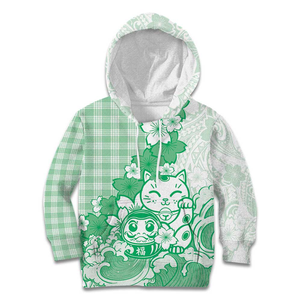 Green Palaka Hawaiian And Japanese Kid Hoodie Maneki Neko And Sakura Bloom DT05 Hoodie Green - Polynesian Pride