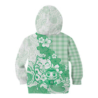Green Palaka Hawaiian And Japanese Kid Hoodie Maneki Neko And Sakura Bloom DT05 - Polynesian Pride