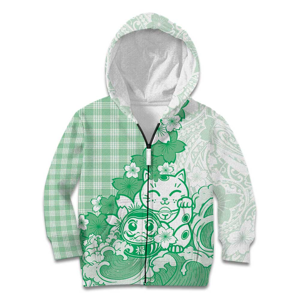 Green Palaka Hawaiian And Japanese Kid Hoodie Maneki Neko And Sakura Bloom DT05 Zip Hoodie Green - Polynesian Pride