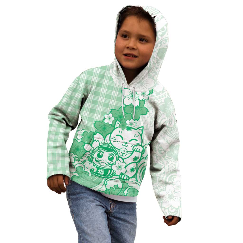 Green Palaka Hawaiian And Japanese Kid Hoodie Maneki Neko And Sakura Bloom DT05 - Polynesian Pride