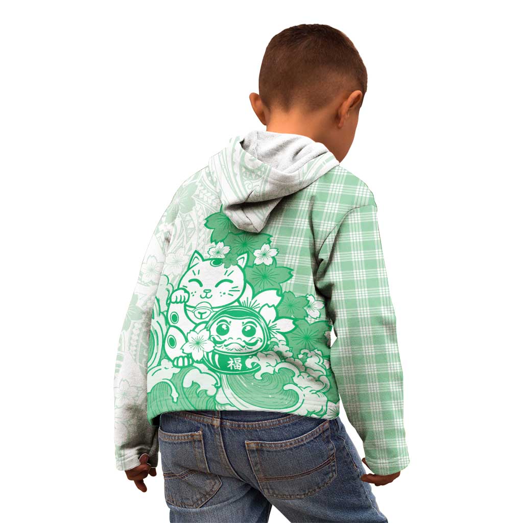Green Palaka Hawaiian And Japanese Kid Hoodie Maneki Neko And Sakura Bloom DT05 - Polynesian Pride