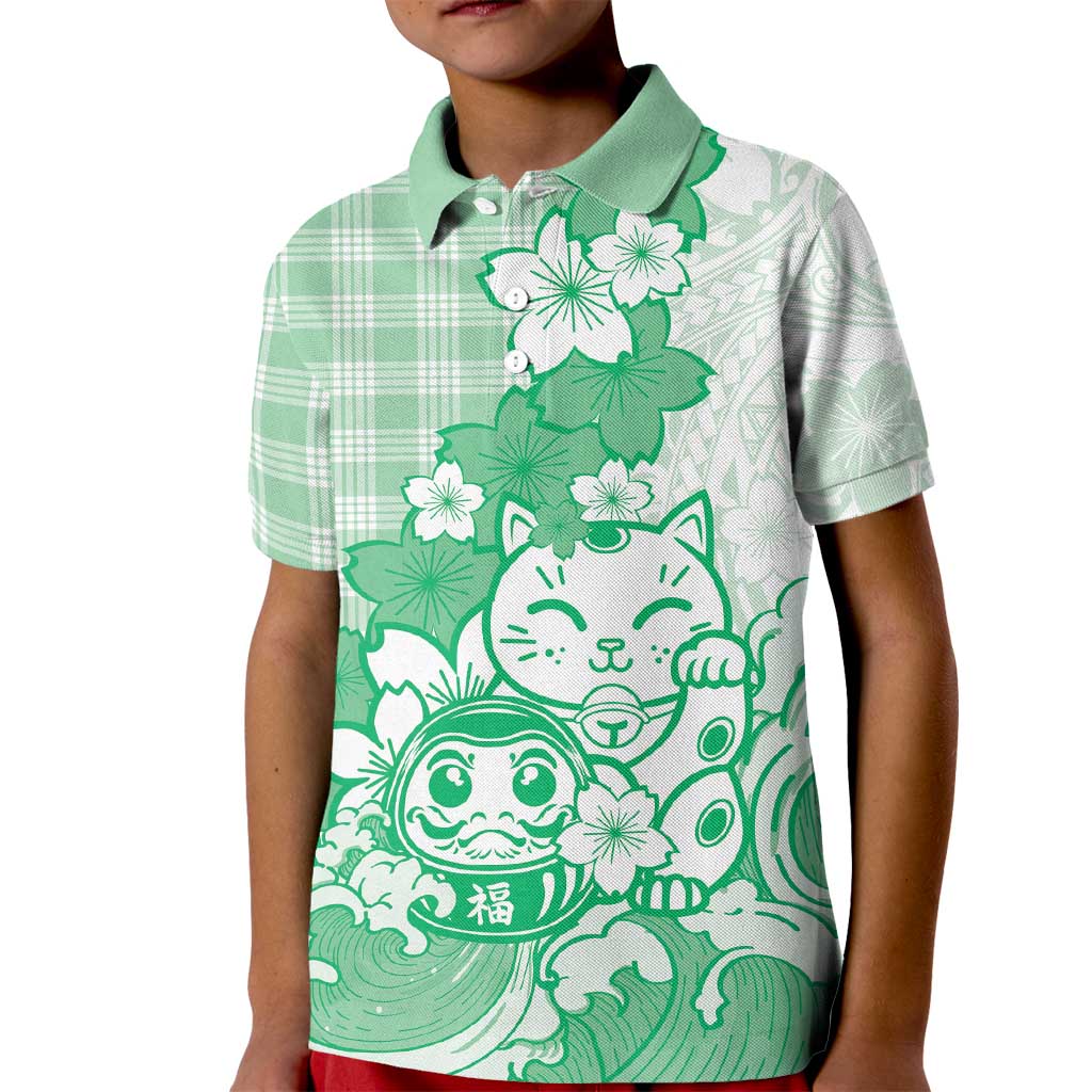 Green Palaka Hawaiian And Japanese Kid Polo Shirt Maneki Neko And Sakura Bloom DT05 Kid Green - Polynesian Pride