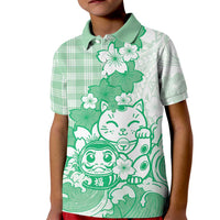 Green Palaka Hawaiian And Japanese Kid Polo Shirt Maneki Neko And Sakura Bloom DT05 Kid Green - Polynesian Pride