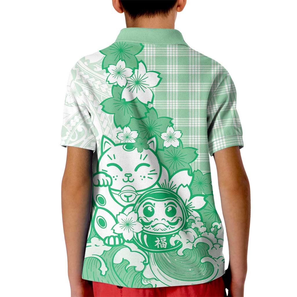 Green Palaka Hawaiian And Japanese Kid Polo Shirt Maneki Neko And Sakura Bloom DT05 - Polynesian Pride