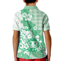 Green Palaka Hawaiian And Japanese Kid Polo Shirt Maneki Neko And Sakura Bloom DT05 - Polynesian Pride
