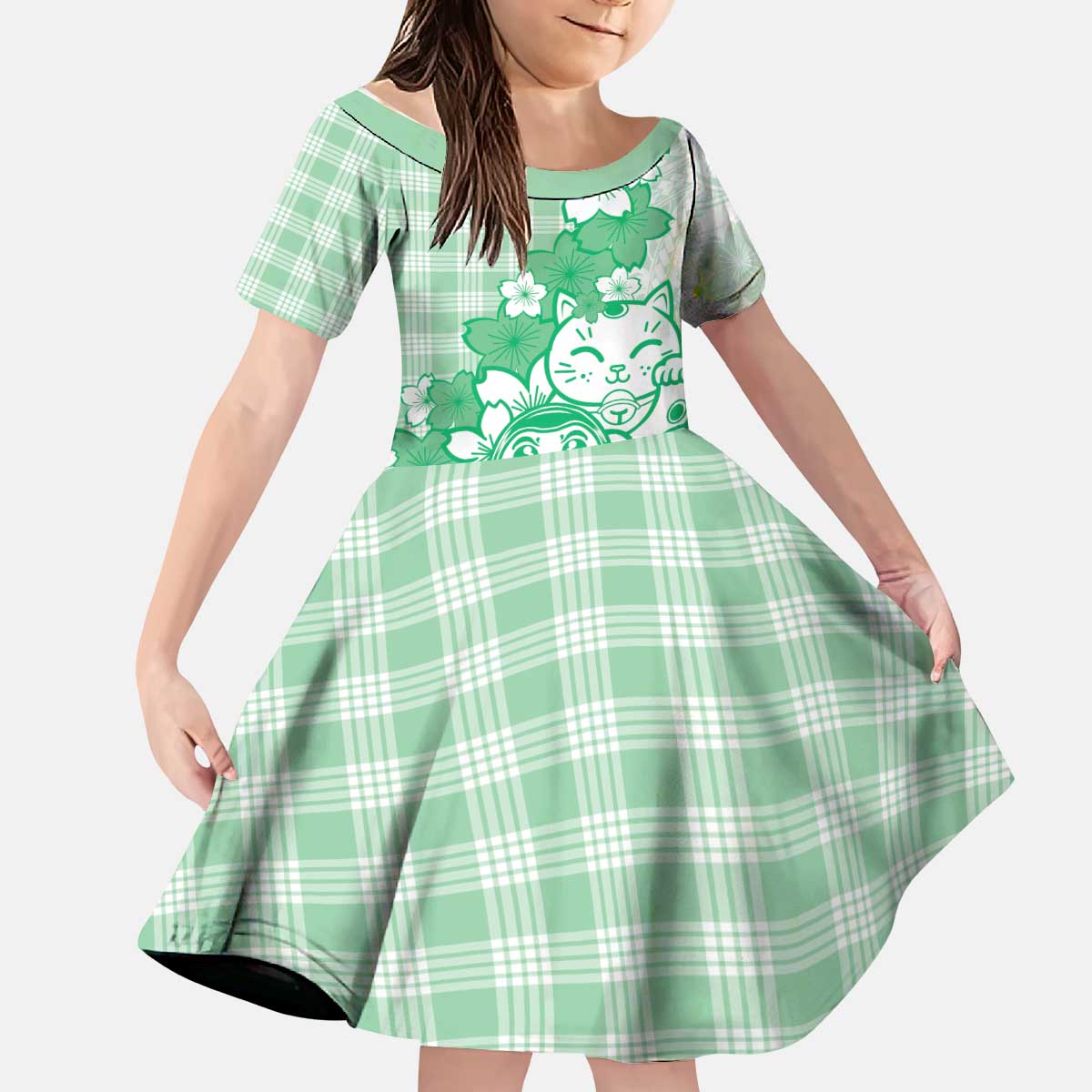 Green Palaka Hawaiian And Japanese Kid Short Sleeve Dress Maneki Neko And Sakura Bloom DT05 KID Green - Polynesian Pride