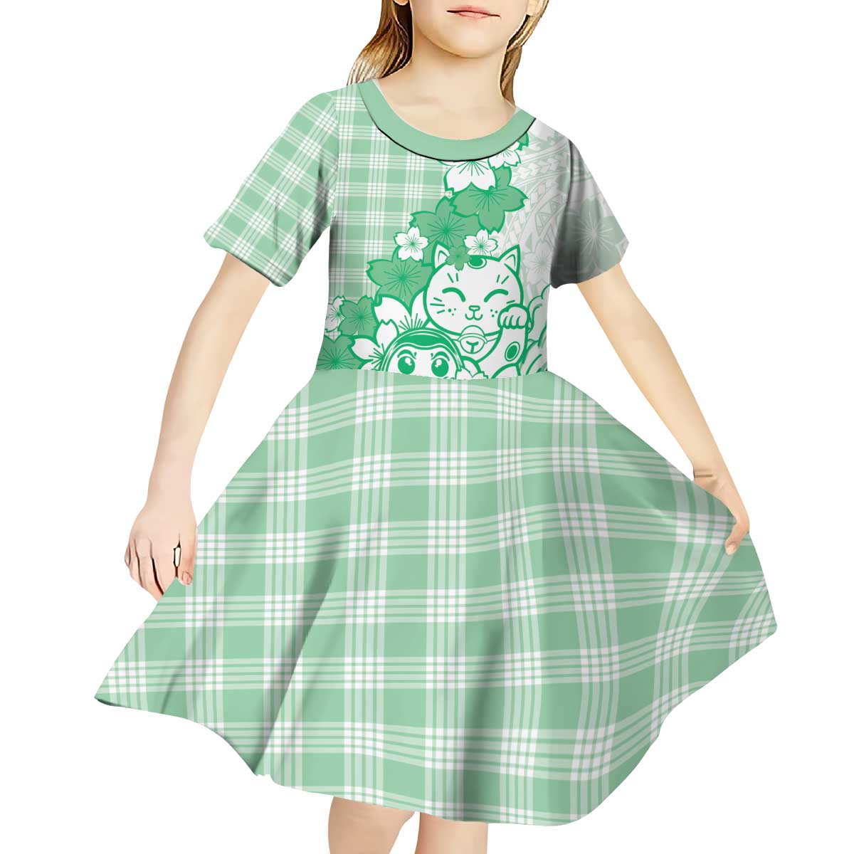 Green Palaka Hawaiian And Japanese Kid Short Sleeve Dress Maneki Neko And Sakura Bloom DT05 - Polynesian Pride