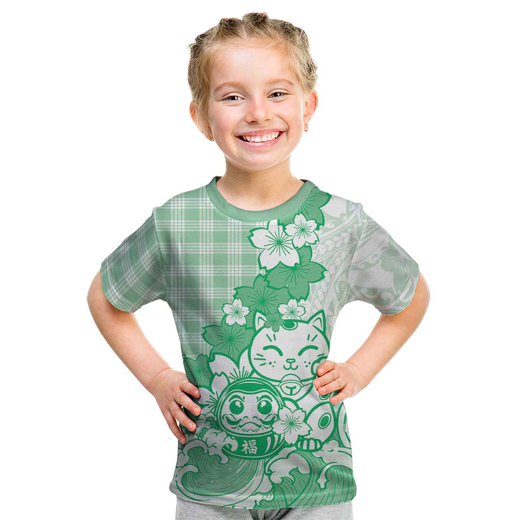 Green Palaka Hawaiian And Japanese Kid T Shirt Maneki Neko And Sakura Bloom DT05 Green - Polynesian Pride