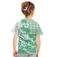 Green Palaka Hawaiian And Japanese Kid T Shirt Maneki Neko And Sakura Bloom DT05 - Polynesian Pride