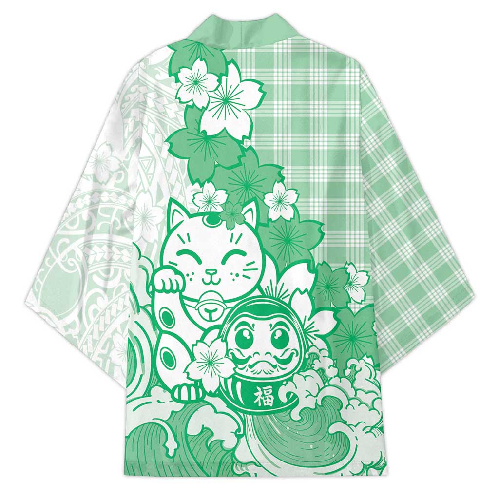 Green Palaka Hawaiian And Japanese Kimono Maneki Neko And Sakura Bloom DT05 - Polynesian Pride