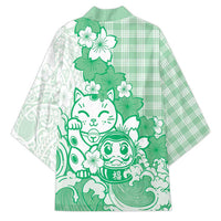 Green Palaka Hawaiian And Japanese Kimono Maneki Neko And Sakura Bloom DT05 - Polynesian Pride
