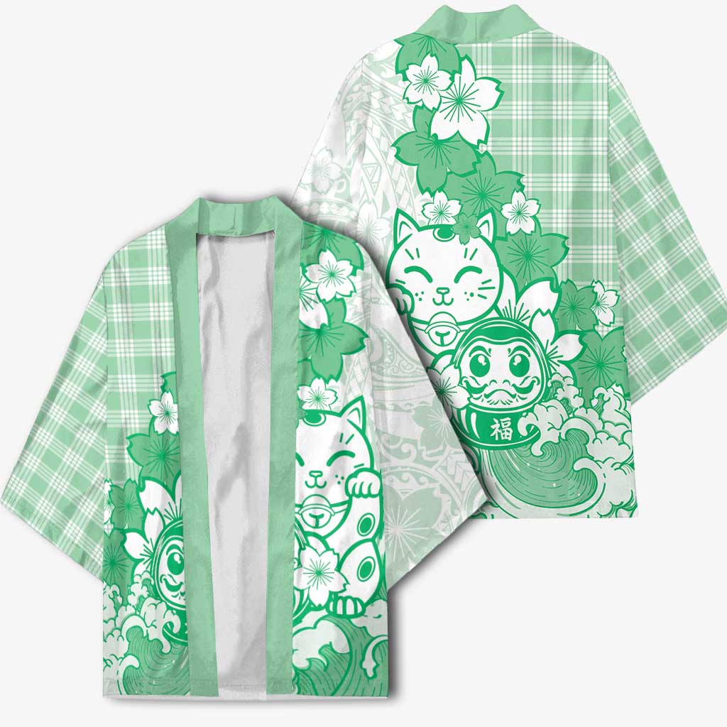 Green Palaka Hawaiian And Japanese Kimono Maneki Neko And Sakura Bloom DT05 - Polynesian Pride