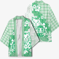 Green Palaka Hawaiian And Japanese Kimono Maneki Neko And Sakura Bloom DT05 - Polynesian Pride