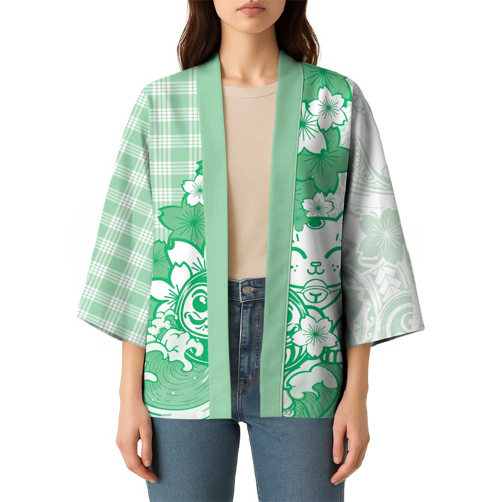 Green Palaka Hawaiian And Japanese Kimono Maneki Neko And Sakura Bloom DT05 - Polynesian Pride