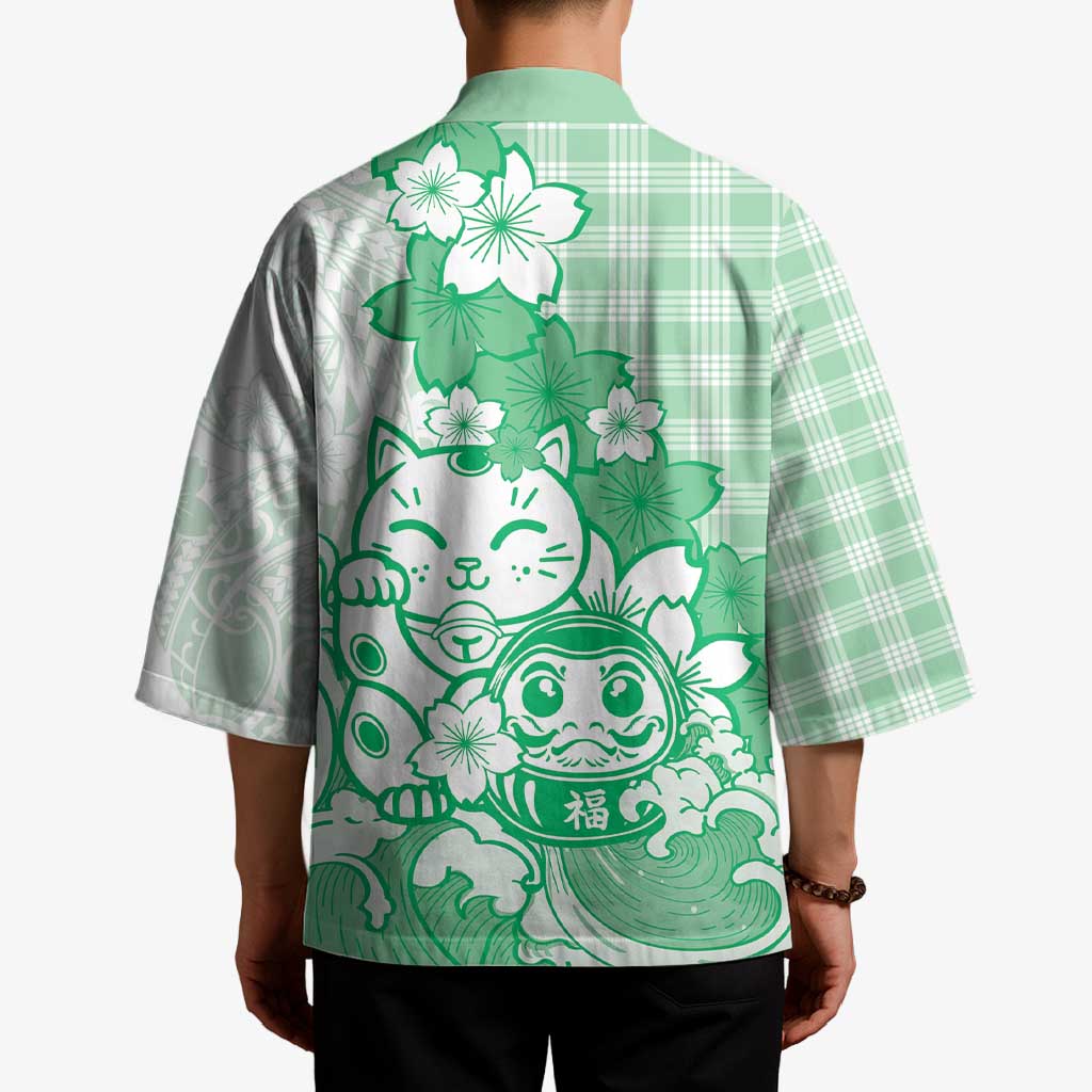 Green Palaka Hawaiian And Japanese Kimono Maneki Neko And Sakura Bloom DT05 - Polynesian Pride