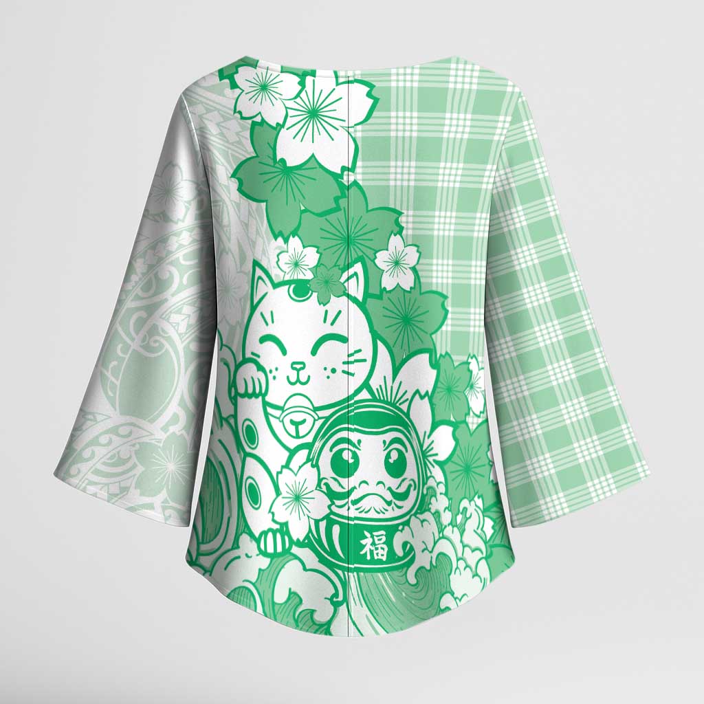 Green Palaka Hawaiian And Japanese Kimono Sleeve Blouse Maneki Neko And Sakura Bloom DT05 - Polynesian Pride