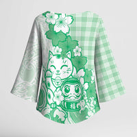 Green Palaka Hawaiian And Japanese Kimono Sleeve Blouse Maneki Neko And Sakura Bloom DT05 - Polynesian Pride