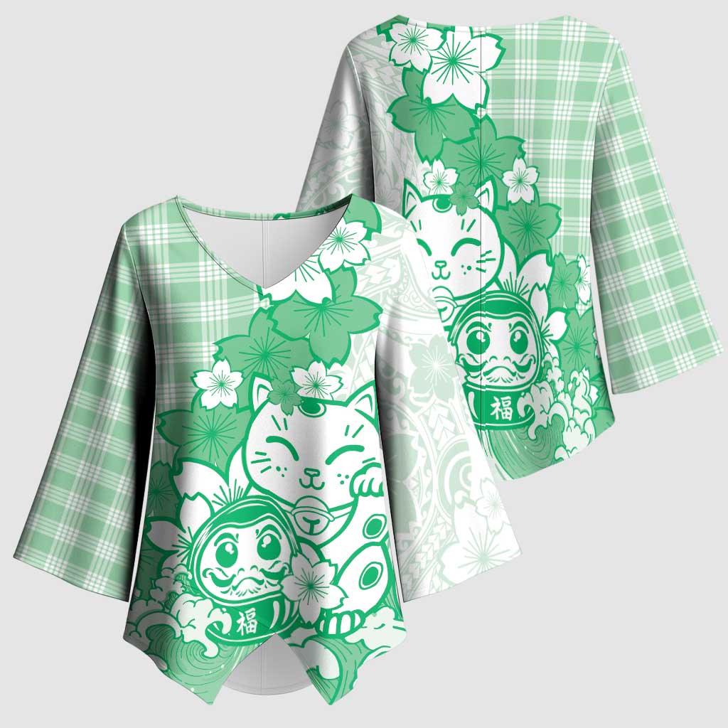 Green Palaka Hawaiian And Japanese Kimono Sleeve Blouse Maneki Neko And Sakura Bloom DT05 - Polynesian Pride