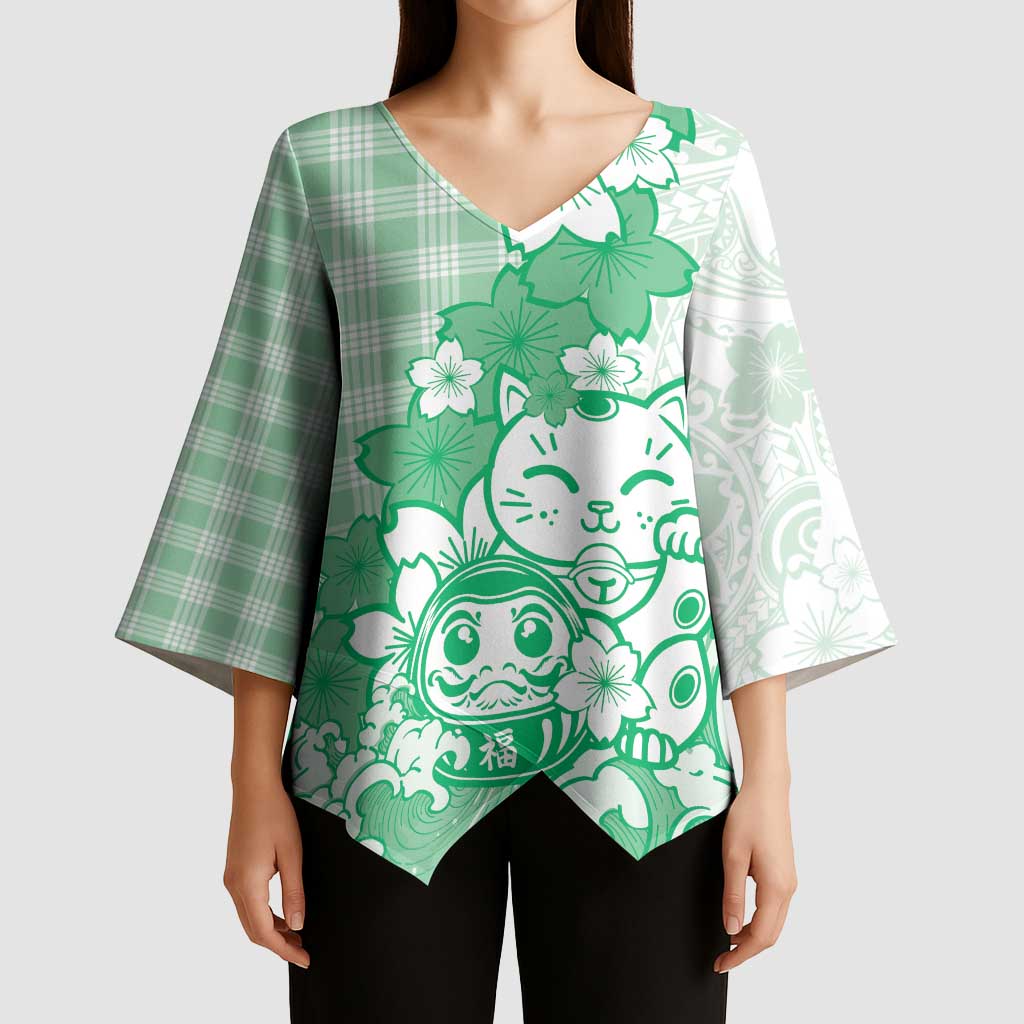 Green Palaka Hawaiian And Japanese Kimono Sleeve Blouse Maneki Neko And Sakura Bloom DT05 - Polynesian Pride