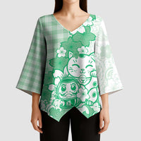 Green Palaka Hawaiian And Japanese Kimono Sleeve Blouse Maneki Neko And Sakura Bloom DT05 - Polynesian Pride