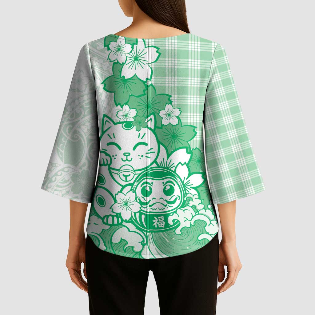 Green Palaka Hawaiian And Japanese Kimono Sleeve Blouse Maneki Neko And Sakura Bloom DT05 - Polynesian Pride