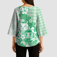 Green Palaka Hawaiian And Japanese Kimono Sleeve Blouse Maneki Neko And Sakura Bloom DT05 - Polynesian Pride
