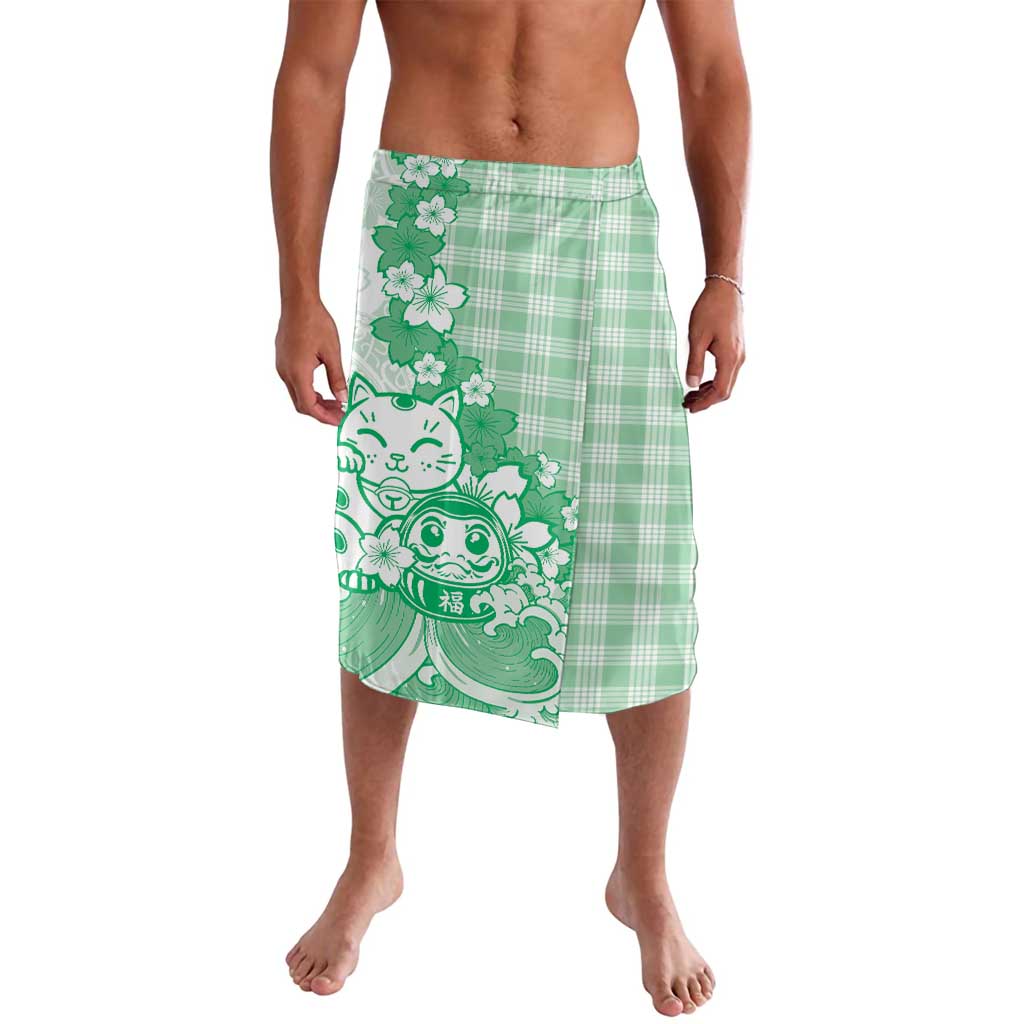 Green Palaka Hawaiian And Japanese Lavalava Maneki Neko And Sakura Bloom DT05 Green - Polynesian Pride