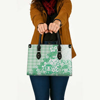 Green Palaka Hawaiian And Japanese Leather Bag Maneki Neko And Sakura Bloom DT05 - Polynesian Pride