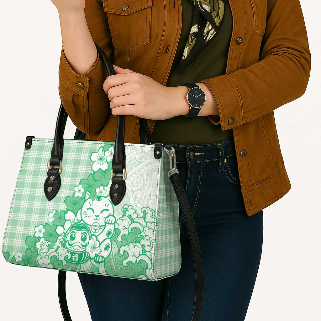 Green Palaka Hawaiian And Japanese Leather Bag Maneki Neko And Sakura Bloom DT05 - Polynesian Pride