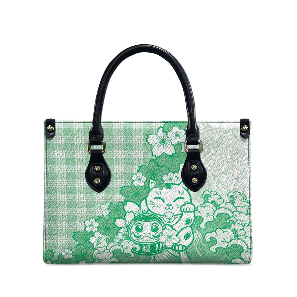 Green Palaka Hawaiian And Japanese Leather Bag Maneki Neko And Sakura Bloom DT05 - Polynesian Pride