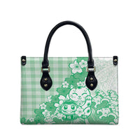 Green Palaka Hawaiian And Japanese Leather Bag Maneki Neko And Sakura Bloom DT05 - Polynesian Pride
