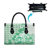 Green Palaka Hawaiian And Japanese Leather Bag Maneki Neko And Sakura Bloom DT05 - Polynesian Pride