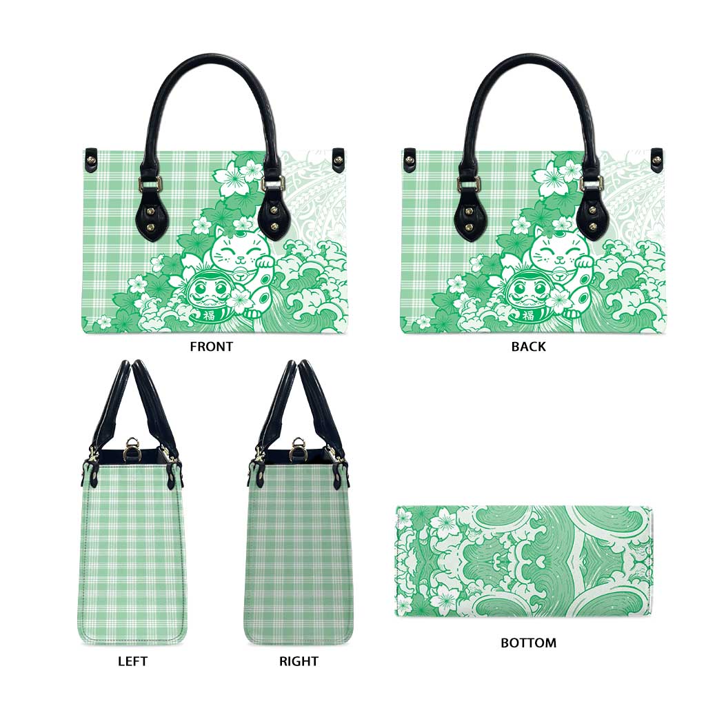 Green Palaka Hawaiian And Japanese Leather Bag Maneki Neko And Sakura Bloom DT05 - Polynesian Pride