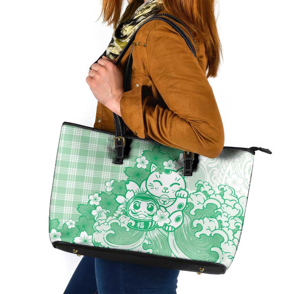 Green Palaka Hawaiian And Japanese Leather Tote Bag Maneki Neko And Sakura Bloom DT05 Green - Polynesian Pride