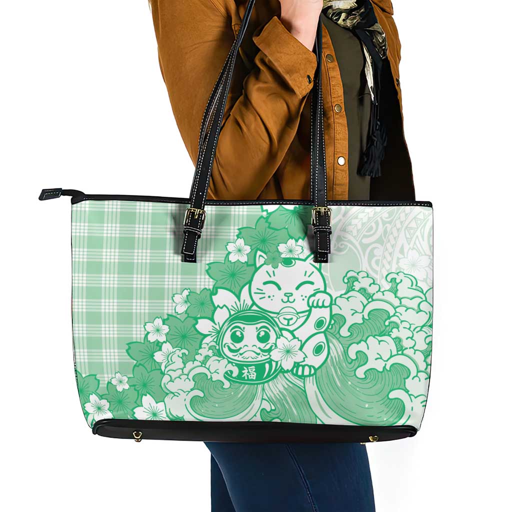 Green Palaka Hawaiian And Japanese Leather Tote Bag Maneki Neko And Sakura Bloom