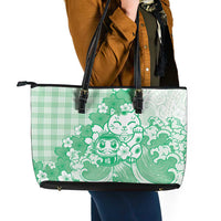 Green Palaka Hawaiian And Japanese Leather Tote Bag Maneki Neko And Sakura Bloom