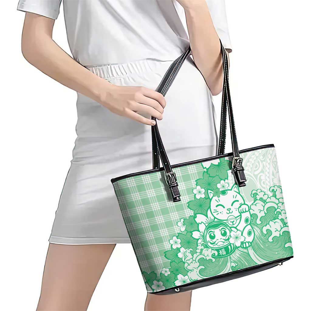 Green Palaka Hawaiian And Japanese Leather Tote Bag Maneki Neko And Sakura Bloom