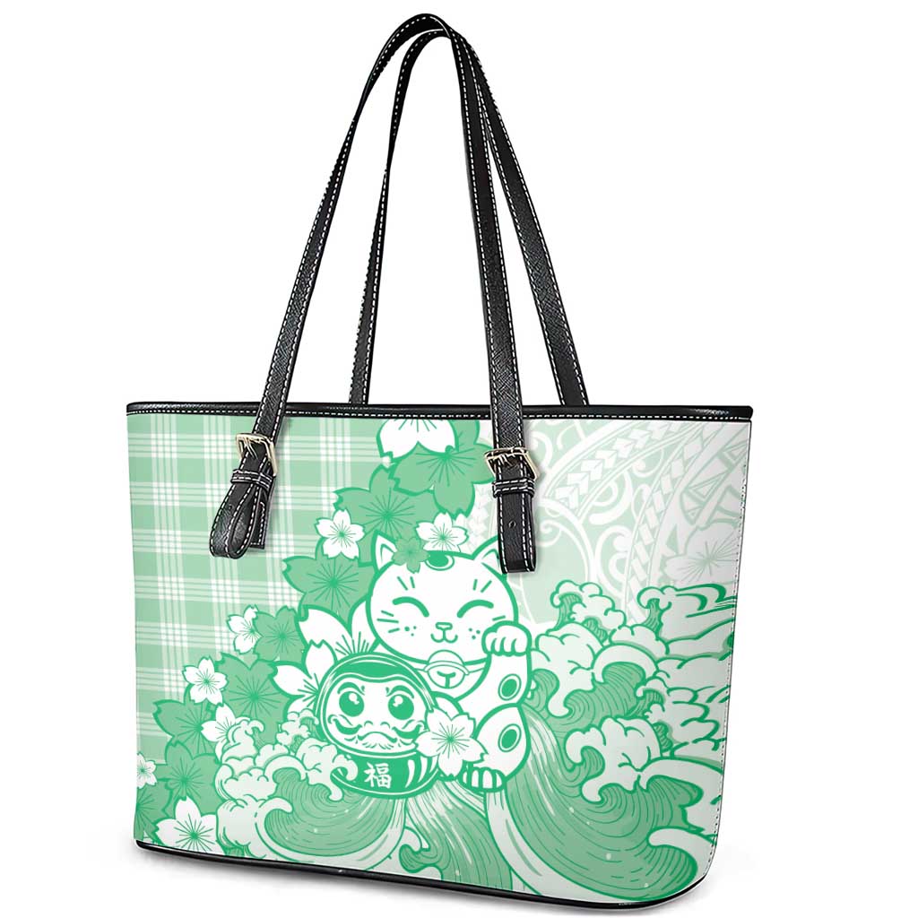 Green Palaka Hawaiian And Japanese Leather Tote Bag Maneki Neko And Sakura Bloom
