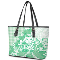 Green Palaka Hawaiian And Japanese Leather Tote Bag Maneki Neko And Sakura Bloom