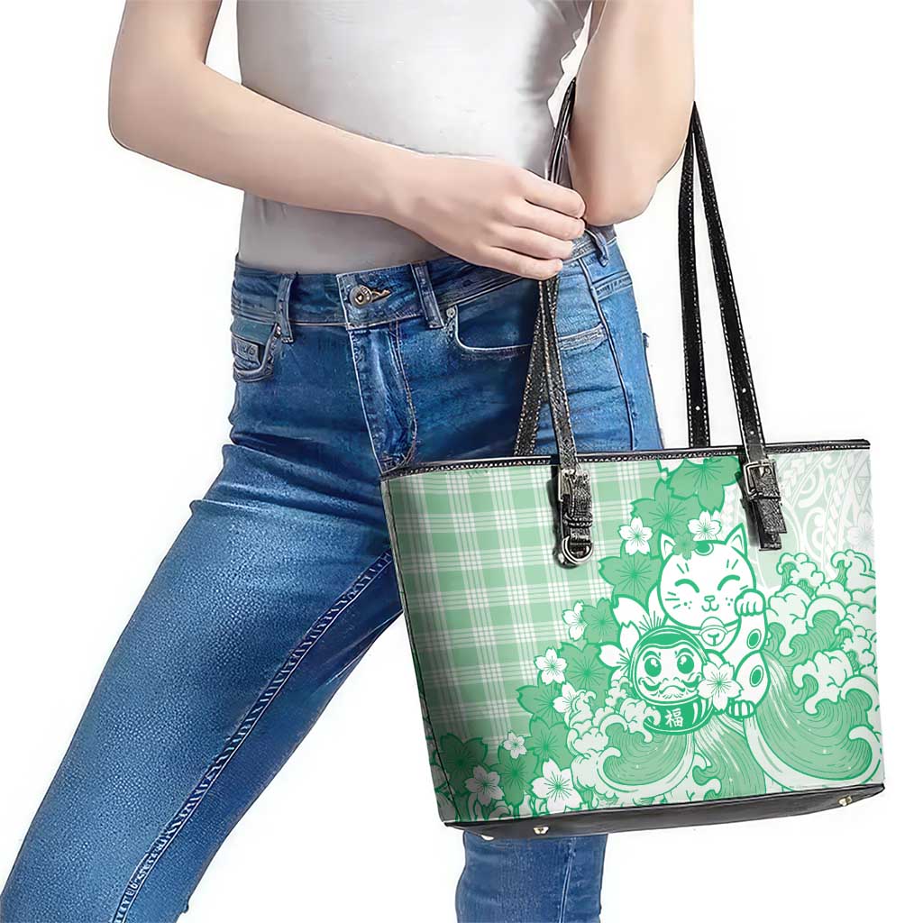 Green Palaka Hawaiian And Japanese Leather Tote Bag Maneki Neko And Sakura Bloom