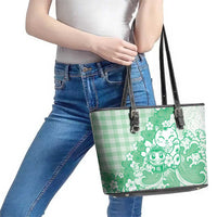 Green Palaka Hawaiian And Japanese Leather Tote Bag Maneki Neko And Sakura Bloom