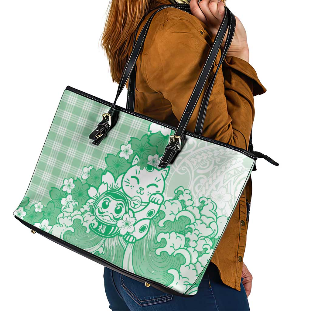 Green Palaka Hawaiian And Japanese Leather Tote Bag Maneki Neko And Sakura Bloom