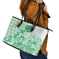 Green Palaka Hawaiian And Japanese Leather Tote Bag Maneki Neko And Sakura Bloom