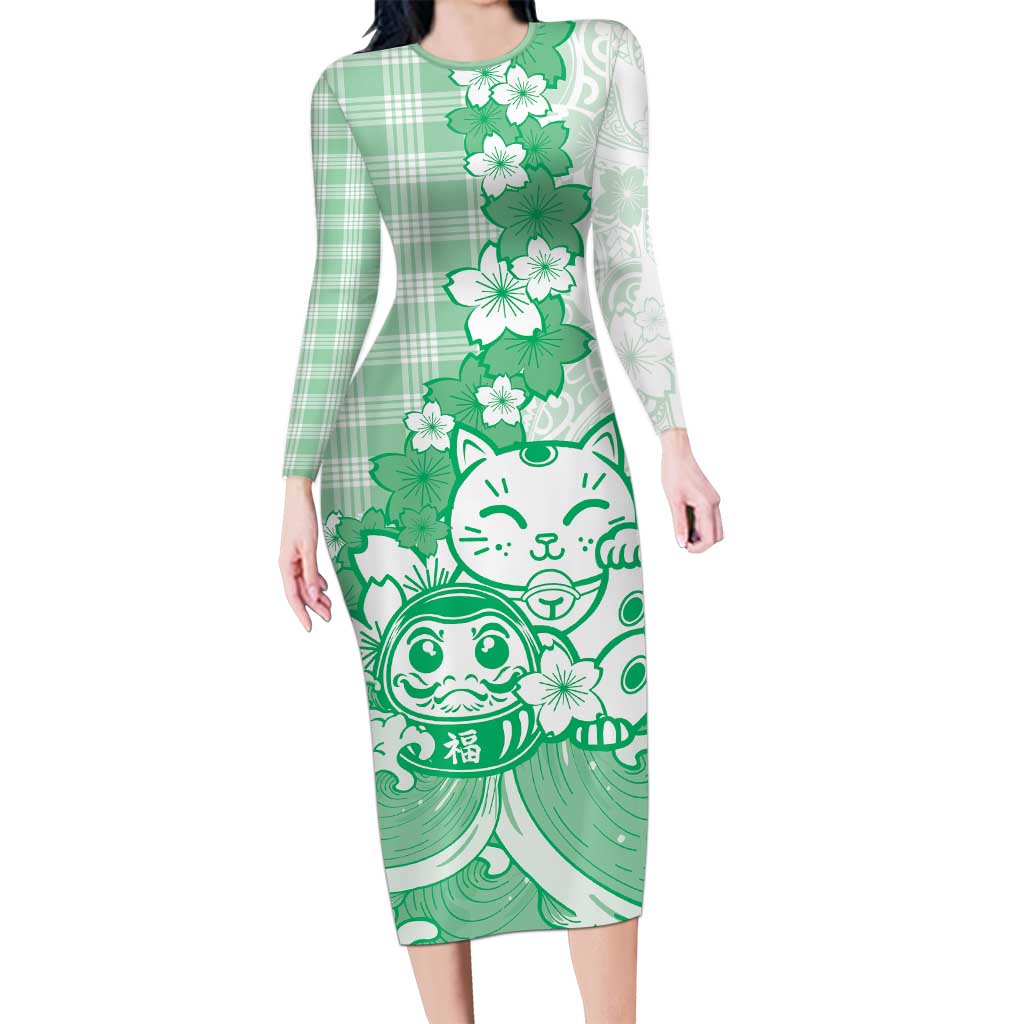 Green Palaka Hawaiian And Japanese Long Sleeve Bodycon Dress Maneki Neko And Sakura Bloom DT05 Long Dress Green - Polynesian Pride